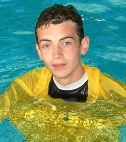 in pool with nylon anorak